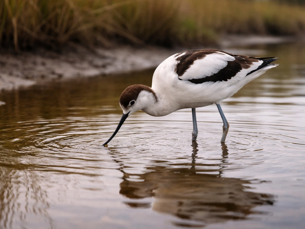 An avocet wading in shallow water along a riverbank with ripples and reeds