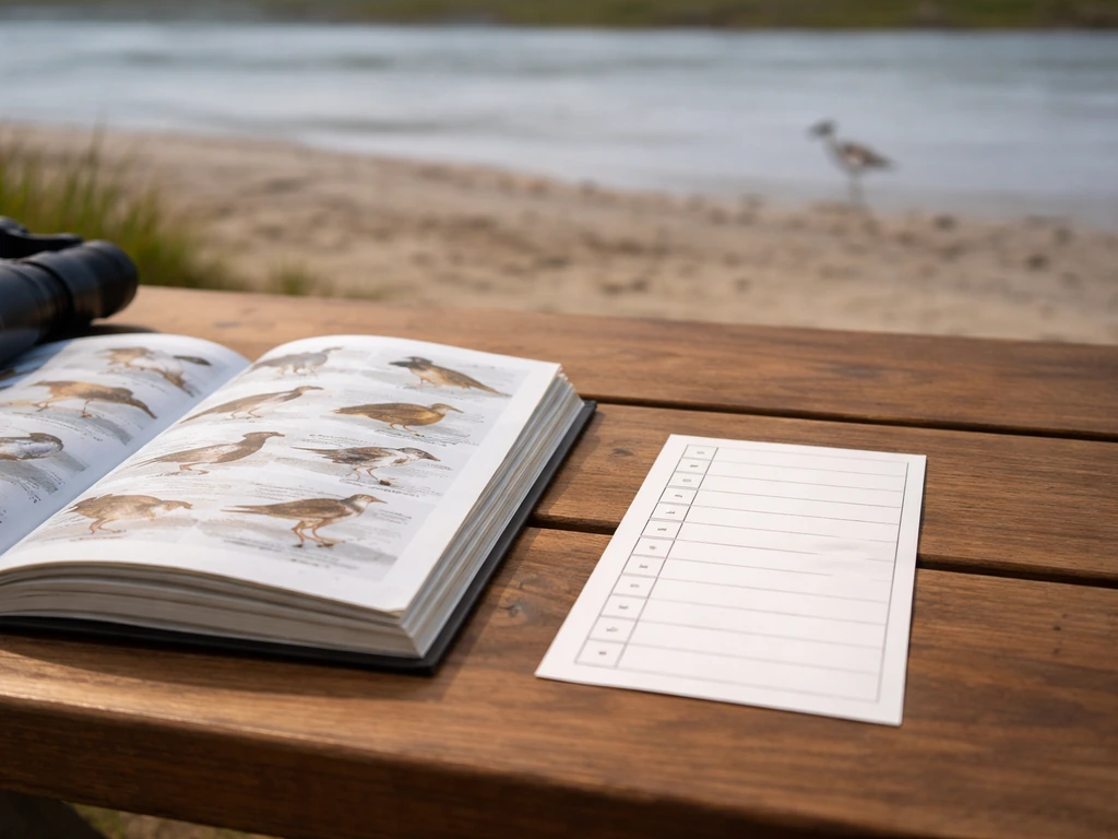 Shallow shoreline field setting with a blank checklist card next to a field guide, blurred wading bird background.