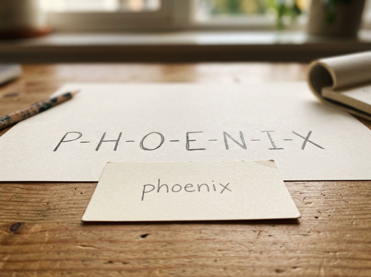 Handwritten letter-by-letter sequence showing P-H-O-E-N-I-X spelling of phoenix