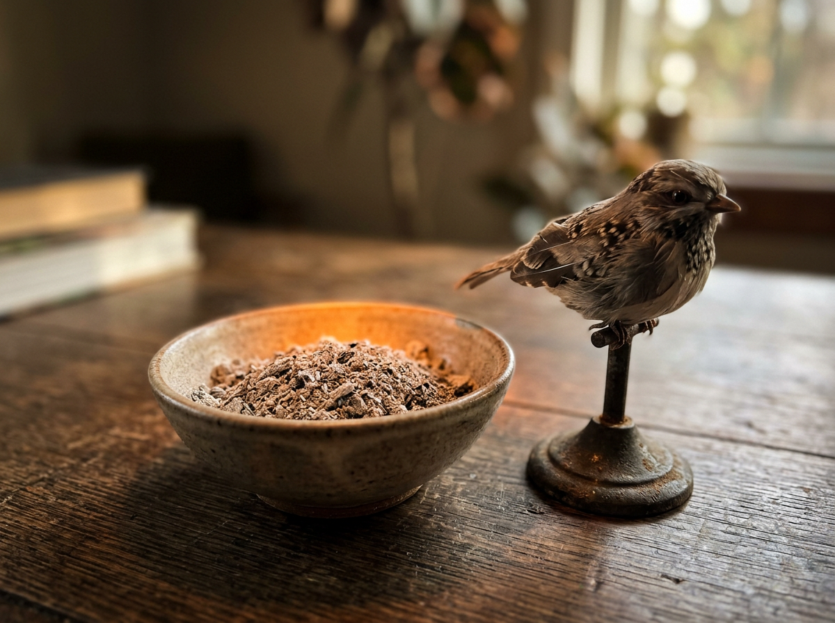 Tabletop scene of ashes and a bird figure suggesting the mythological phoenix