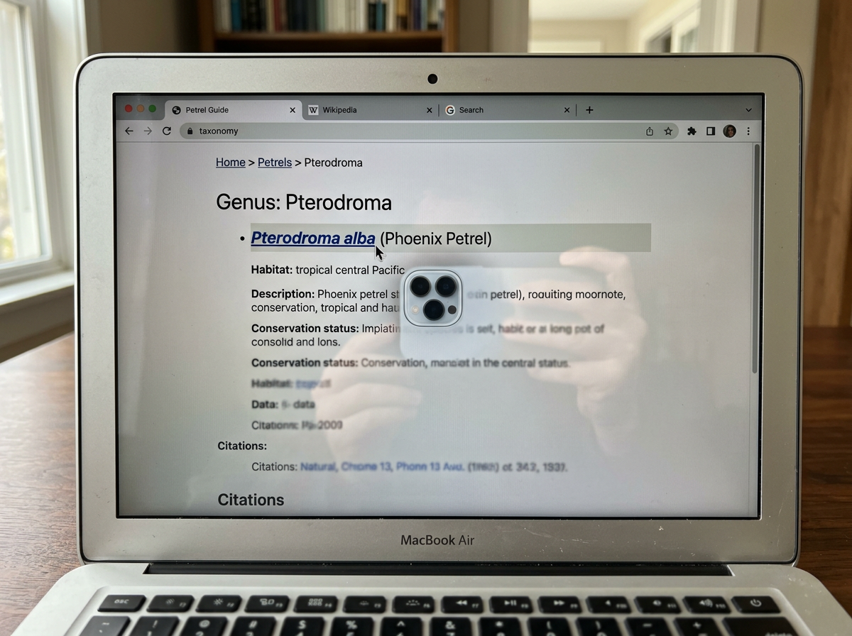 Screenshot-style view of a taxonomy page used to confirm the Phoenix Petrel species name