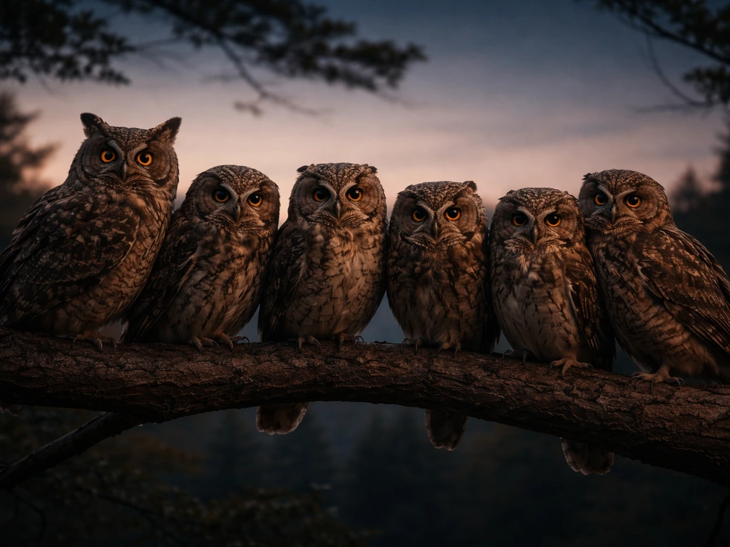 Group of owls perched together on a branch at dusk, warm silhouettes against a twilight sky.