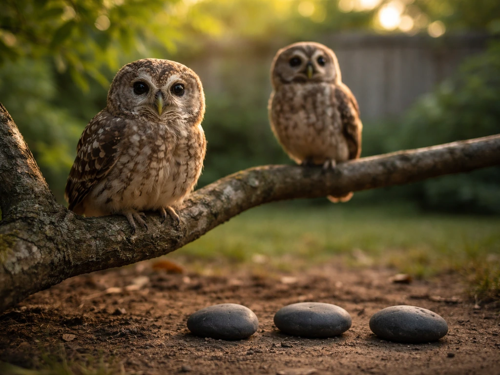 Two owls perched side by side in a quiet garden, one slightly in front, with a small wooden sign reading nothing
