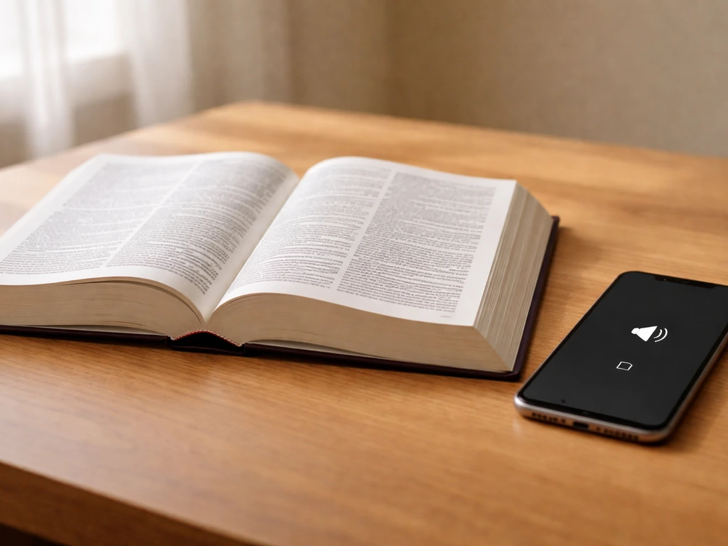 Minimal desk scene with an open dictionary and a smartphone showing a generic play icon for pronunciation