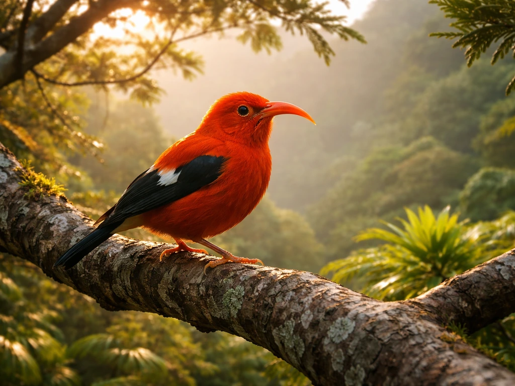 Native Hawaiian bird perched on a koa tree with lush tropical foliage in warm sunlight.