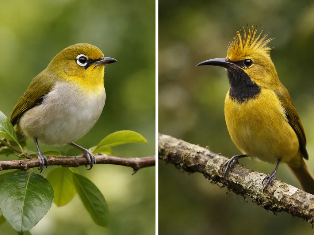 Split-screen photo showing two bird-related items: a generic bird and a single species bird on natural branches.