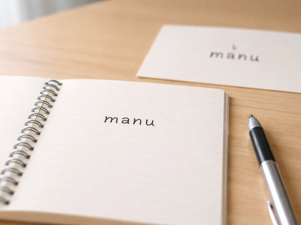 Manu written in plain lowercase letters on clean notebook paper, with a separate faded incorrect diacritic example