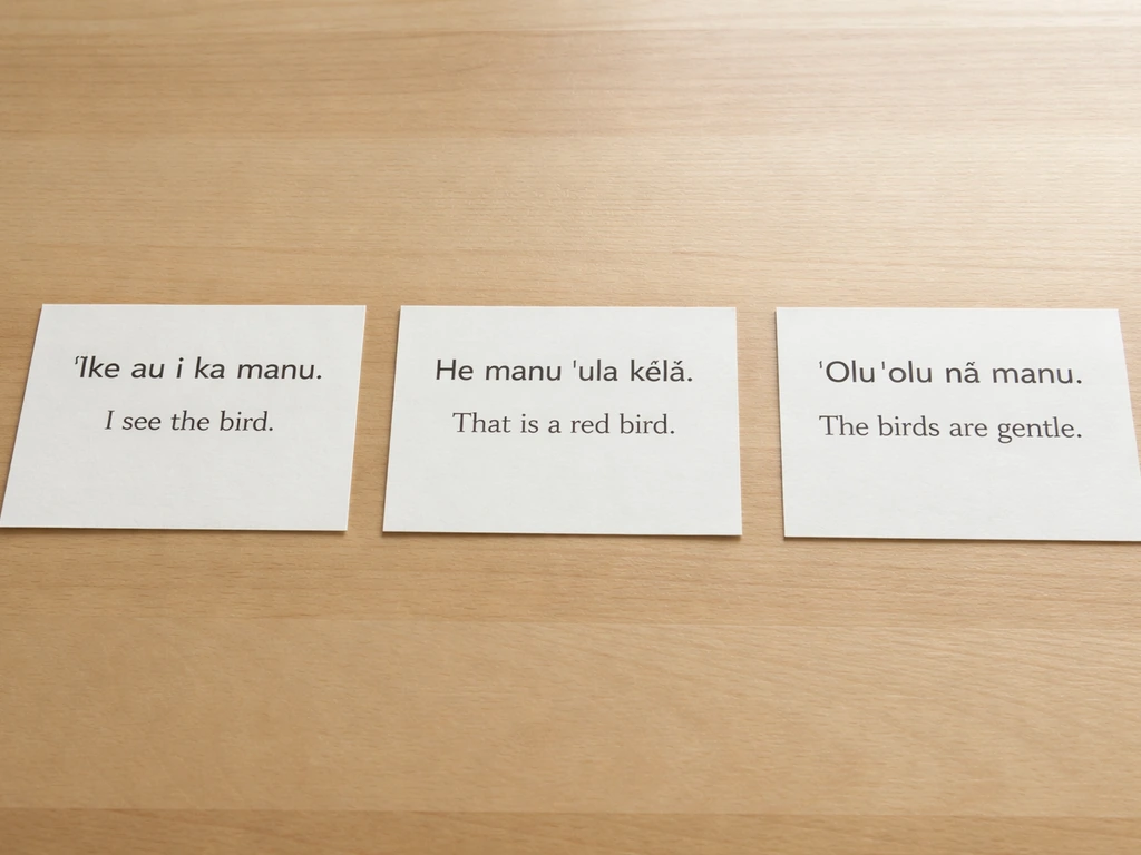 Close-up of a clean wooden table with three minimalist cards showing Hawaiian text and English translation