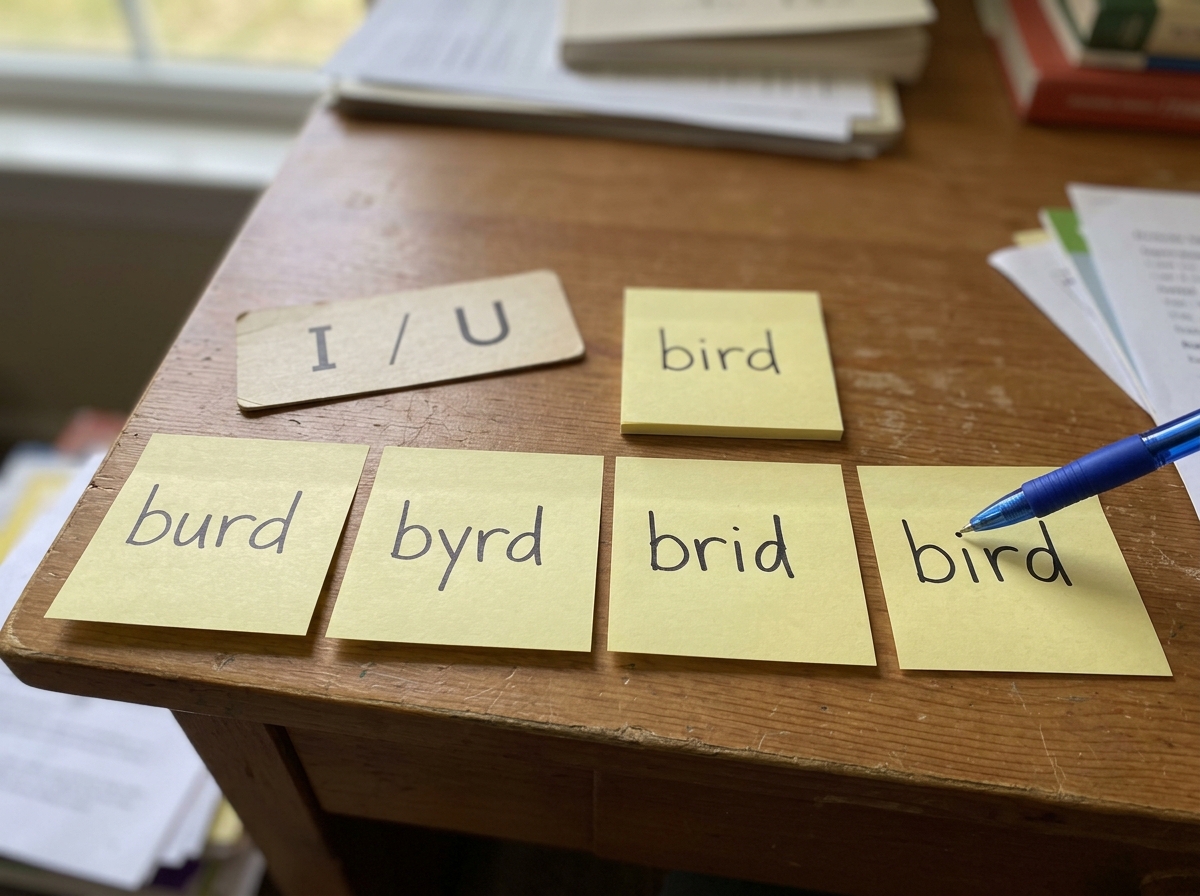 Sticky notes showing misspellings next to the correct spelling “bird” with pen pointing