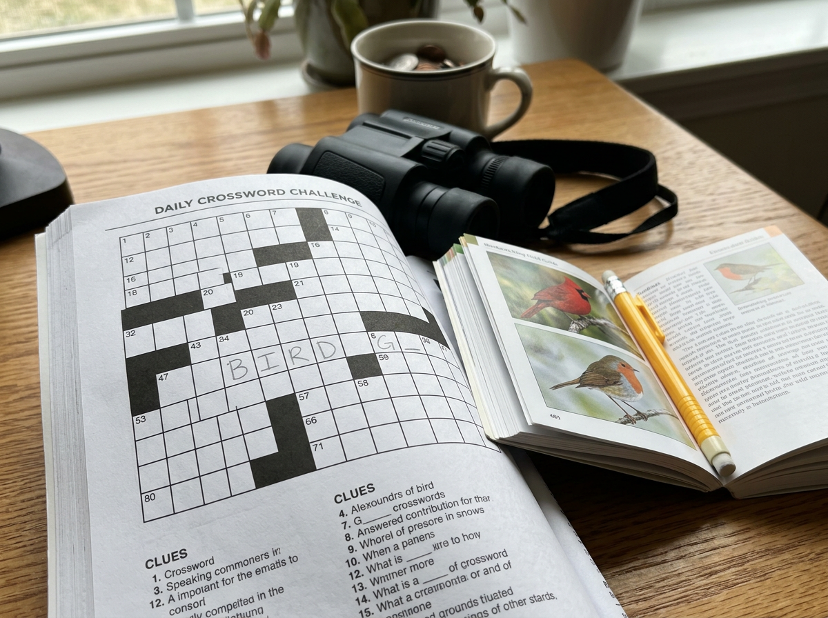 Crossword and field guide on a desk with “BIRD” filled in