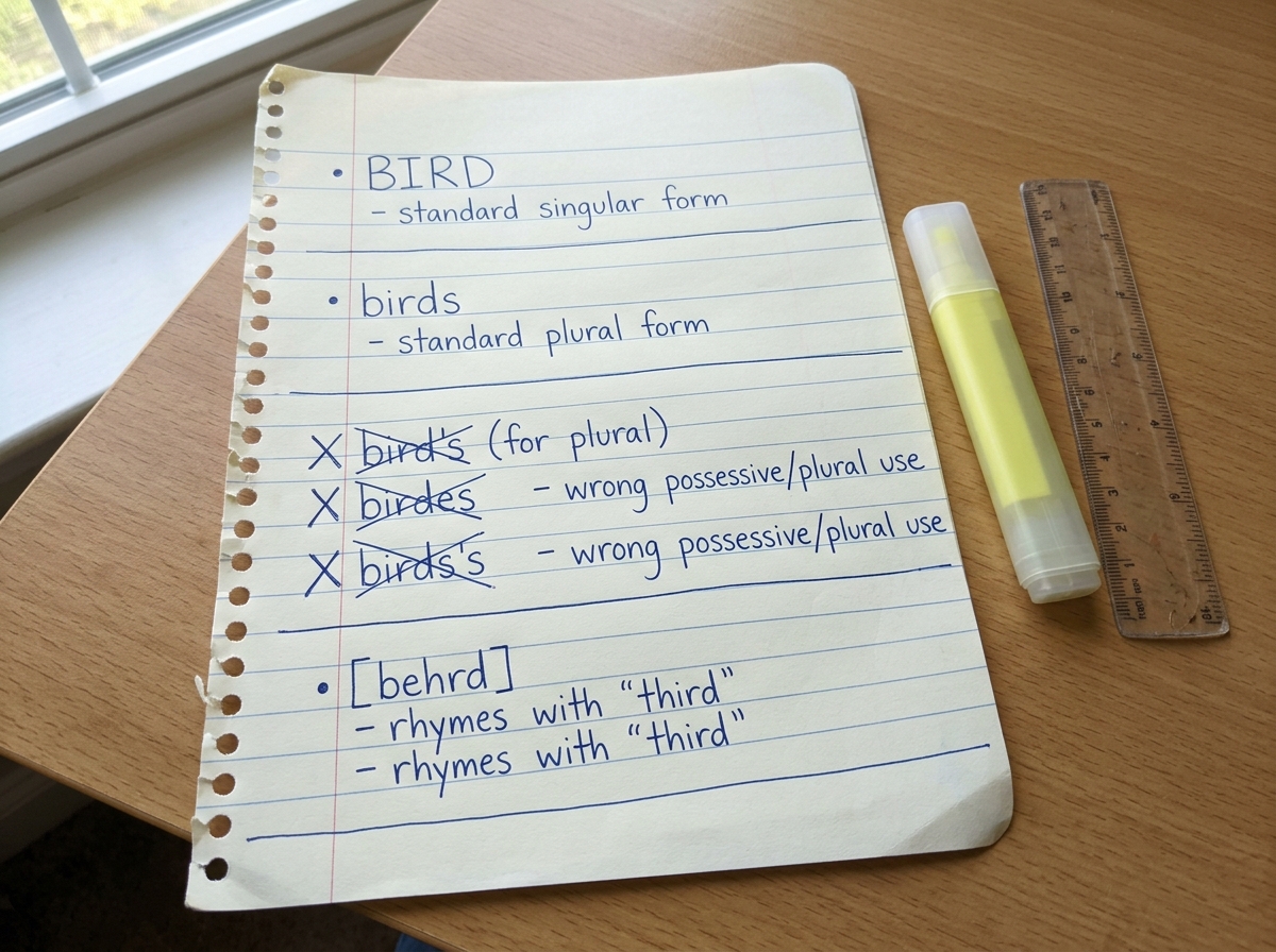 Handwritten checklist showing how to spell “BIRD” and common mistakes