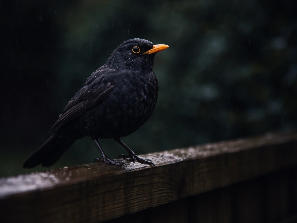 A moody dusk photo of a common blackbird perched on a fence rail with dark, blurred greenery behind.