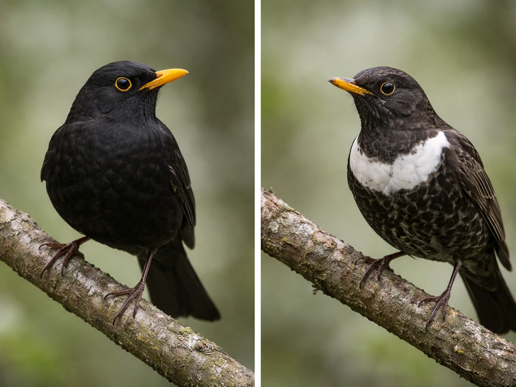 Close-up of two small black birds side-by-side on natural branches with soft background blur