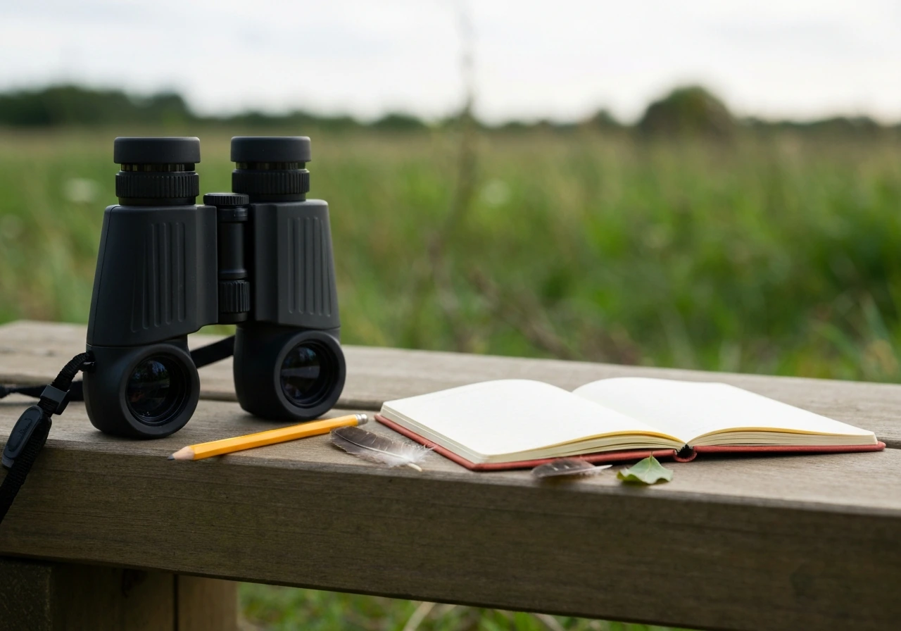 Close-up of a notebook, pencil, and binoculars beside a simple bird-feather guide outdoors in soft light.