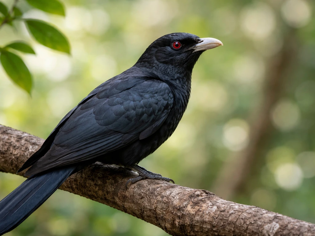 Asian koel perched on a tree branch with natural forest background