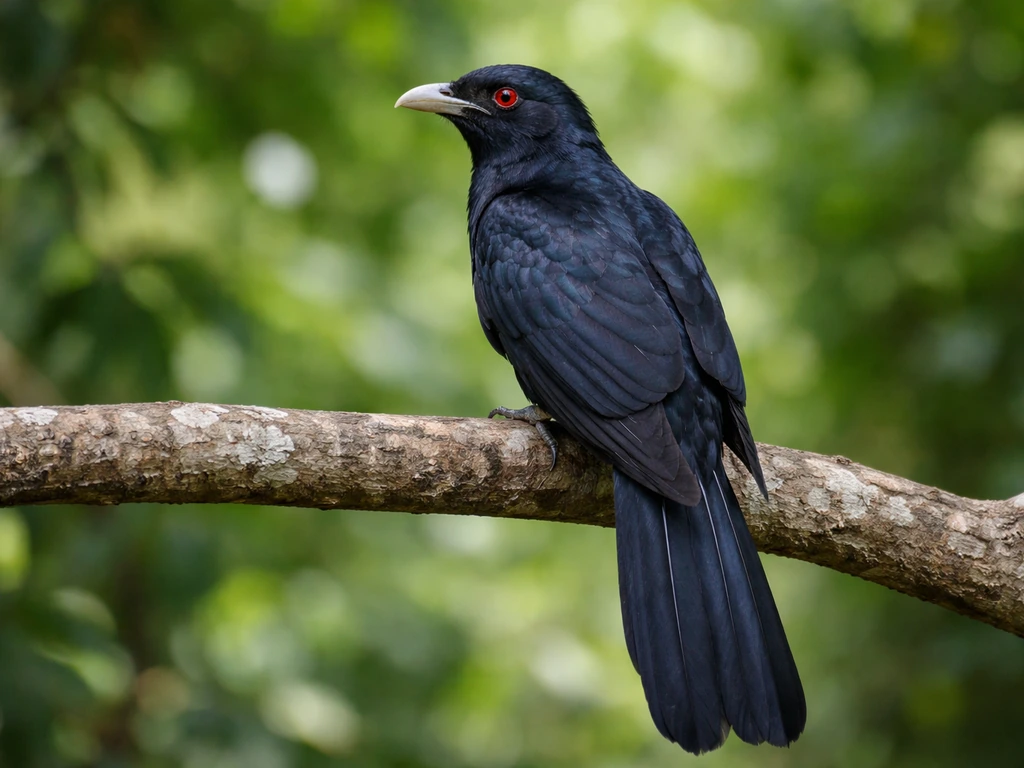 Asian koel perched on a tree branch, showing glossy dark plumage and long tail against a soft green background.