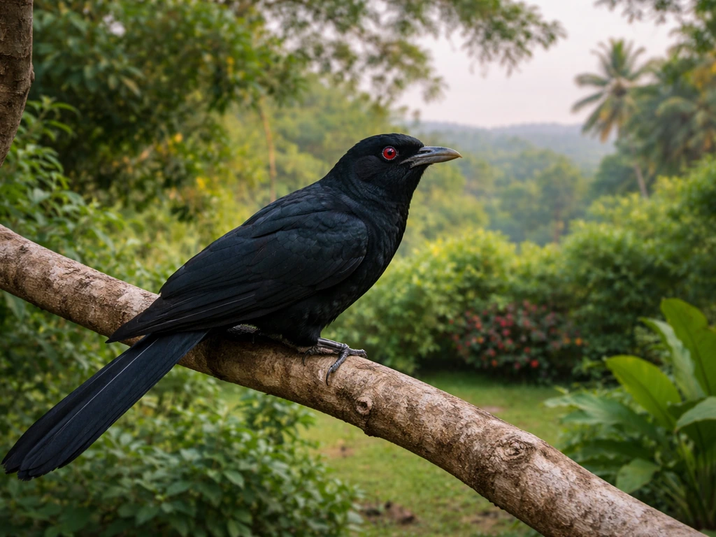 Minimal photo of an Asian koel perched outdoors with a softly blurred South Asian landscape behind.