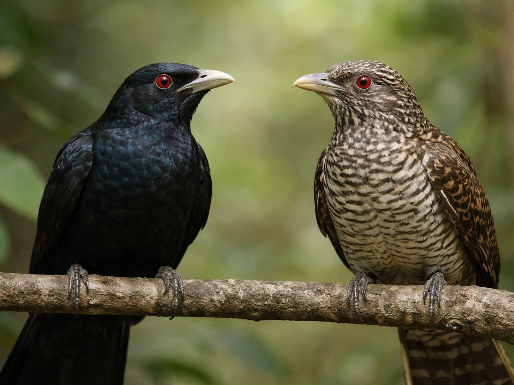 Close-up of two koel birds side by side showing male glossy blue-black plumage and female barred browner plumage