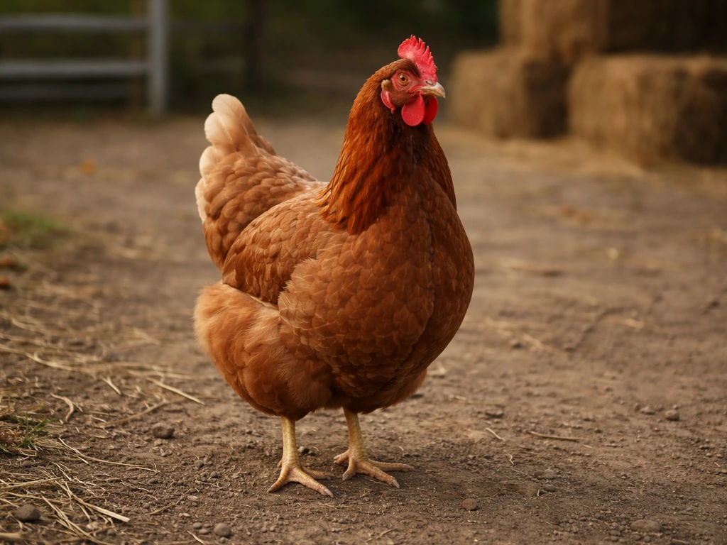 A brown hen standing in a simple farmyard with natural earthy ground.