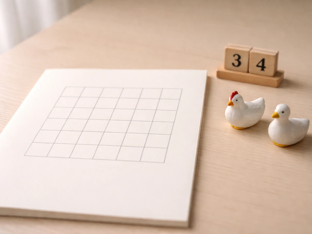 Minimal desk setup with a grid page, digit tiles 3 and 4, and small hen and duck figurines.