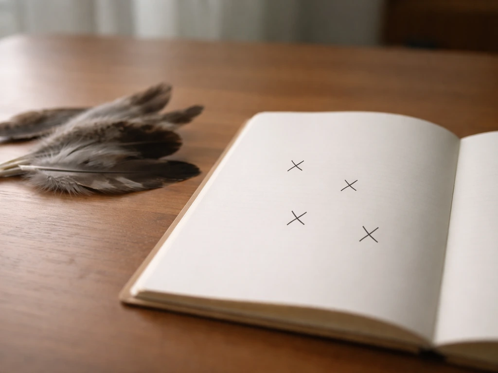 Close-up of a clean notebook page with a few handwritten “X” letters and scattered small feathers on a desk