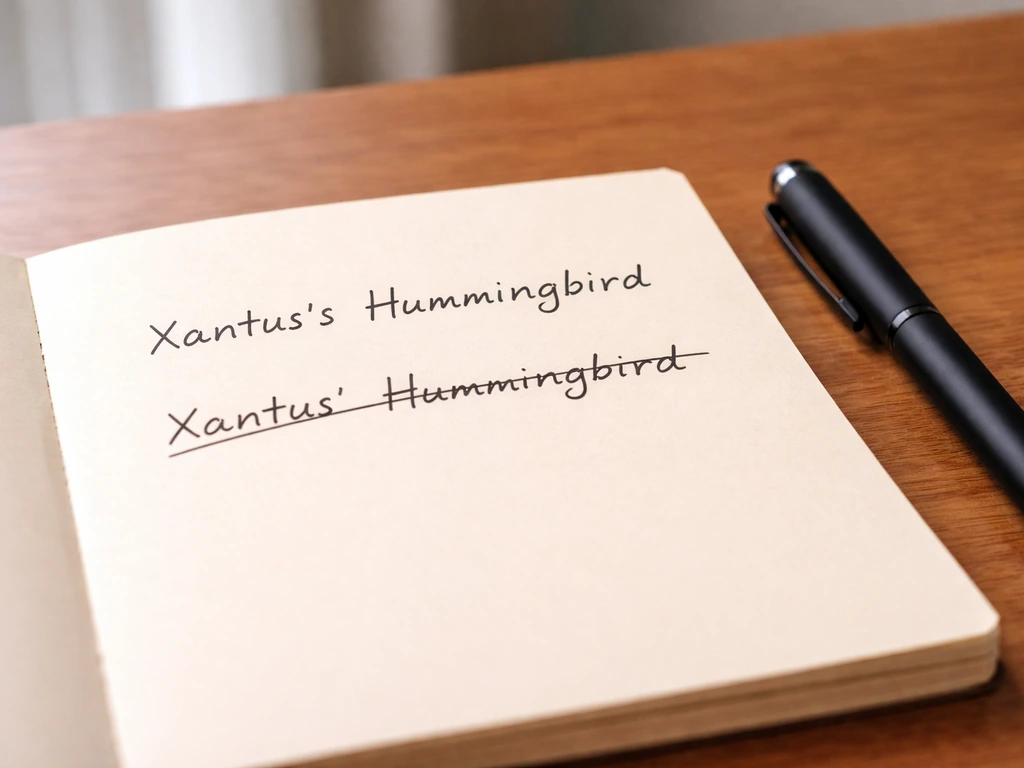 Close-up of a notepad with the handwritten phrase “Xantus’s Hummingbird” and a crossed-out “Xantus’ Hummingbird”