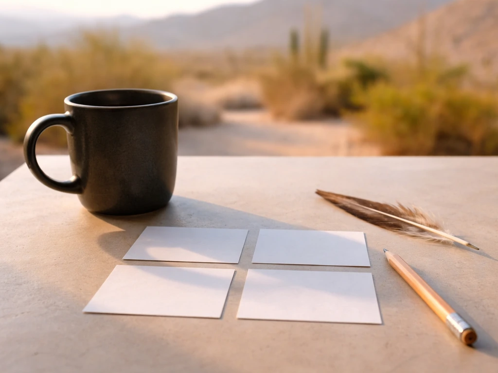 Minimal tabletop with blank index cards, a pencil, and a single feather, warm light suggesting bird comparison.