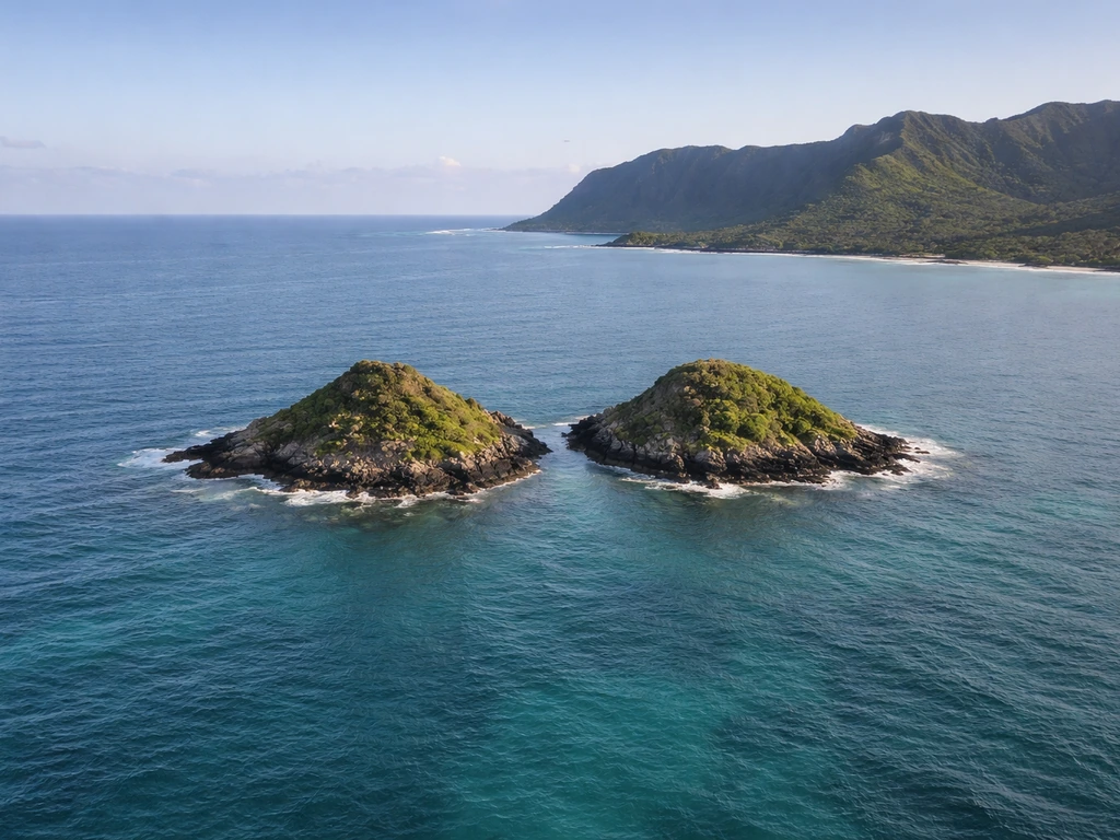 Aerial view of two small islets off Oʻahu near the Mōkapu Peninsula, surrounded by ocean.