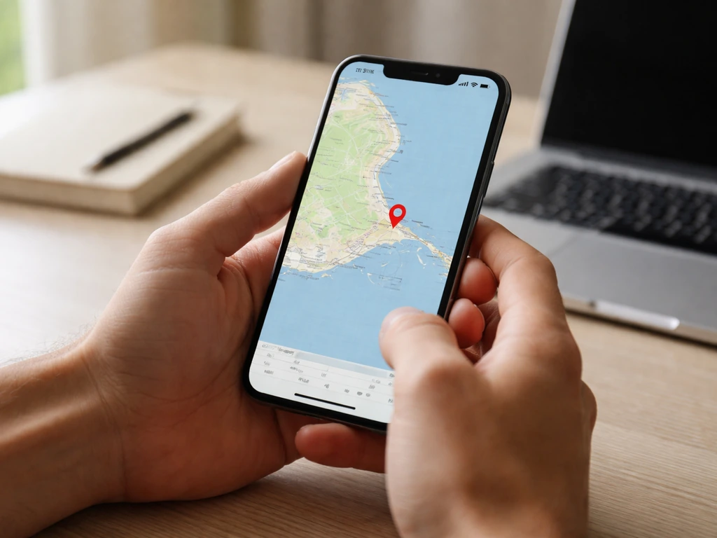 Person at a desk reviewing a phone map with coordinates near Mokapu Point, Oʻahu