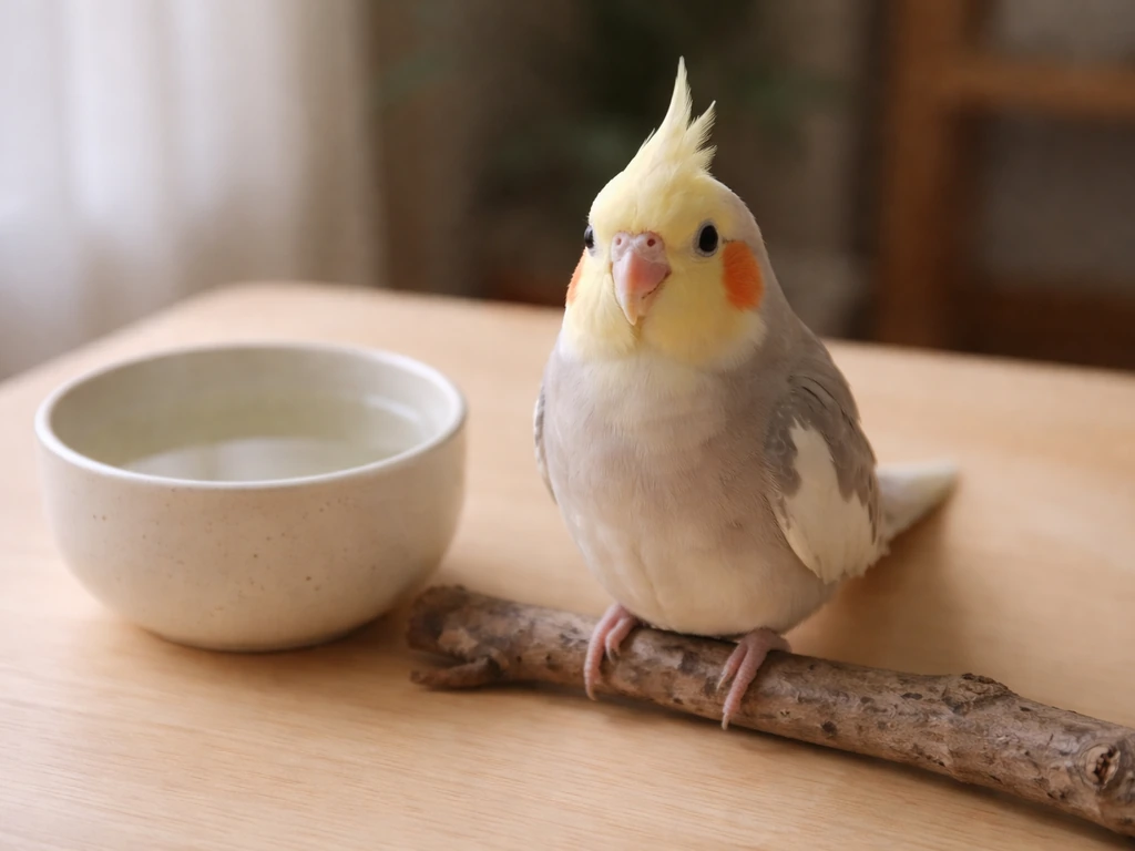 Small cockatiel perched on a branch in soft natural light, minimal tabletop background.