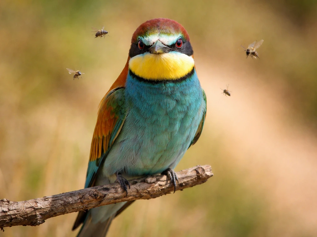 Colorful bee-eater bird perched near buzzing insects, showing a diet theme in a simple natural setting.