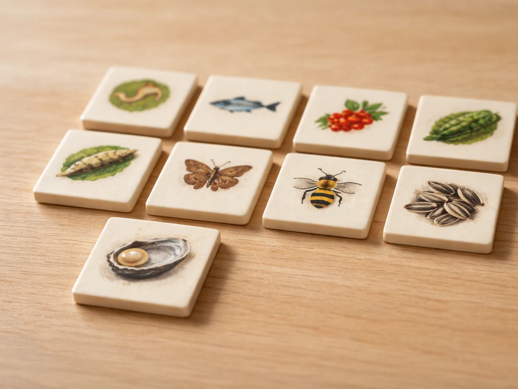 Colorful bird-name tiles with simple food icons on a wood tabletop, showing diet-based naming idea.