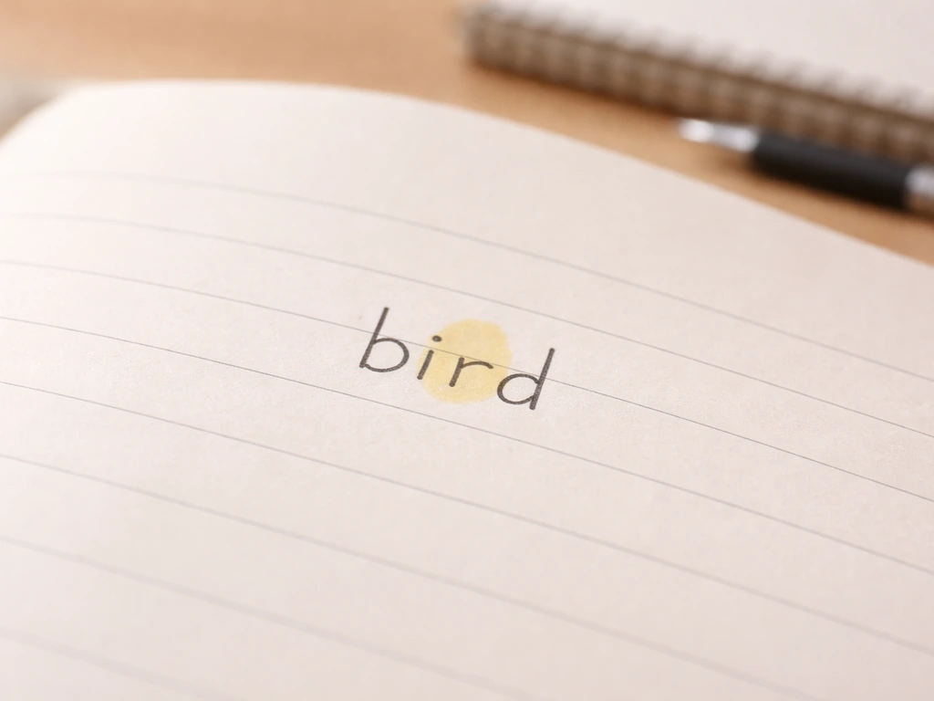 Close-up of a desk lesson page showing “bird” with one highlighted vowel nucleus for the syllable.