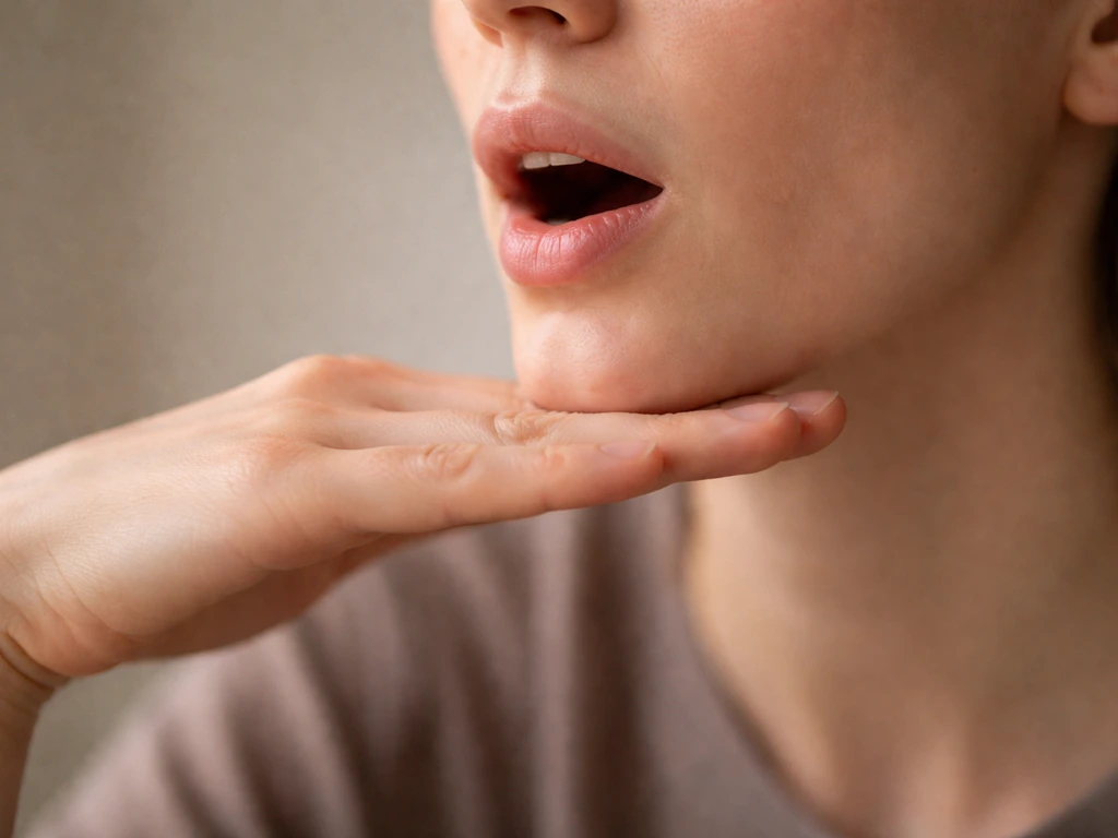 Anonymous person’s hand flat under chin, mouth slightly open mid-speech for the jaw-drop syllable test.