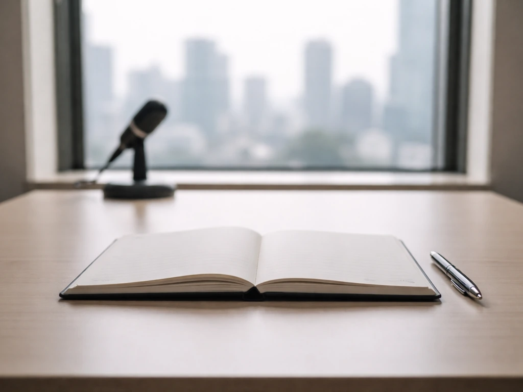 Simple office desk with a notebook and pen, suggesting researching acronym meanings of BIRD.