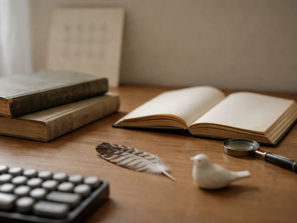 Natural history books, feather, magnifying glass on a desk with a blurred acronym-like card in background.