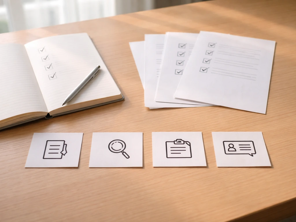 Desk with open documents and four icon-like checklist items to guide where to look and what to ask