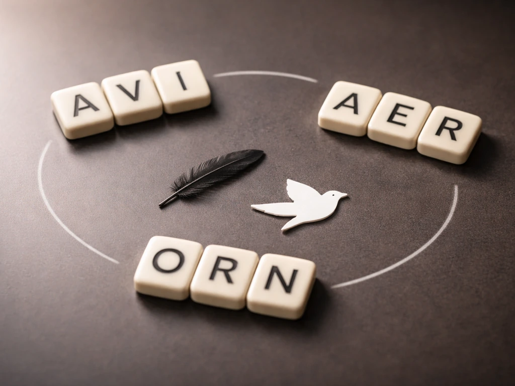 Three ceramic tiles with AVI, AER, ORN orbiting minimal bird/flight motifs on a dark tabletop.