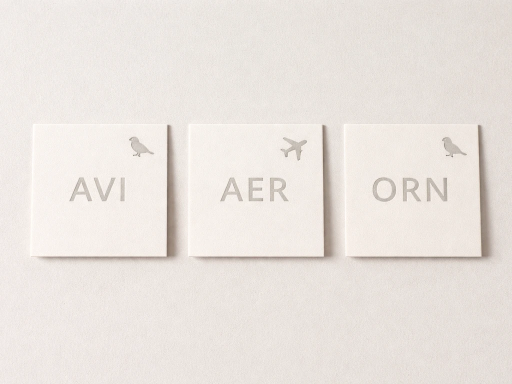Three minimalist cards with 3-letter prefixes AVI, AER, and ORN beside small bird/air symbols