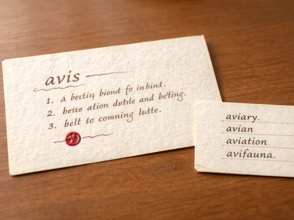 Close-up of a parchment card with the Latin word “avis” highlighted and a small bird-related example strip.