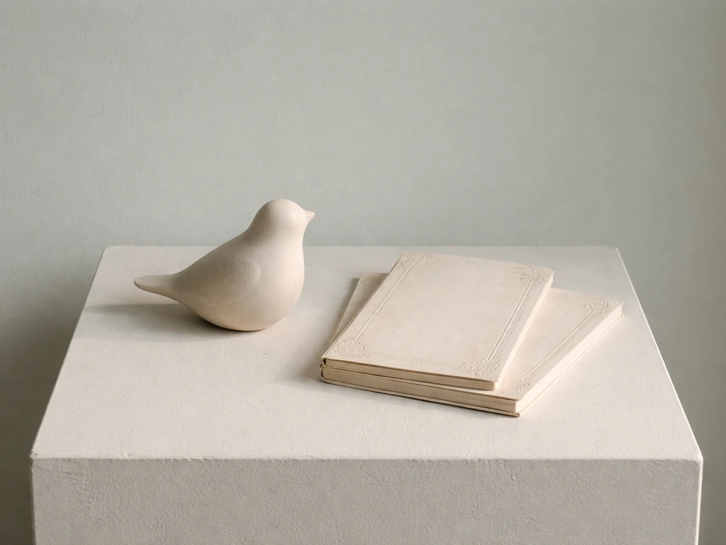 Minimal museum-style still life with a bird silhouette and Greek-themed reference objects