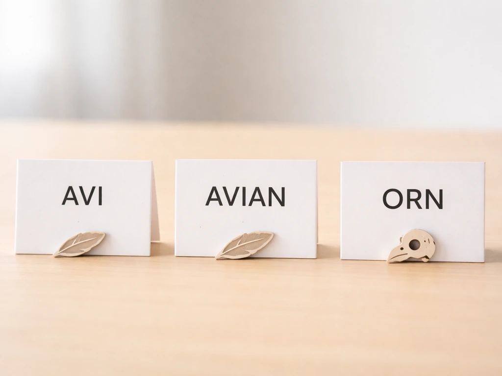 Three simple desk cards with bird-related icons for AVI and ORN spelling/pronunciation examples.