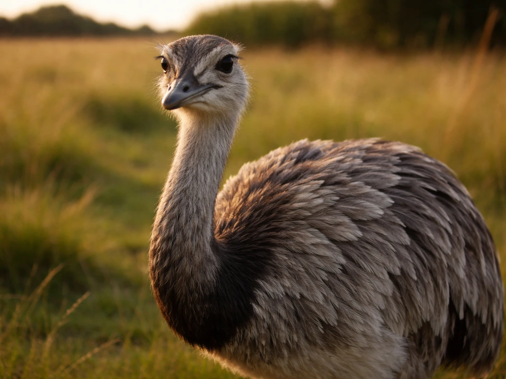 Close-up of a rhea bird in natural grassland habitat with soft sunlight and shallow depth of field.