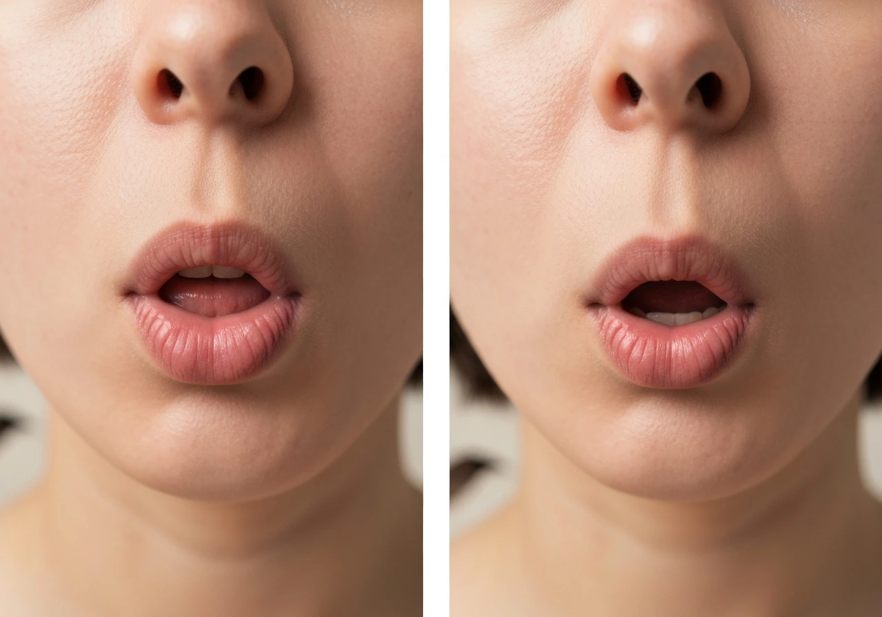 Two close-up mouth positions showing how to pronounce the word 'myna' variants, with a simple bird theme background.
