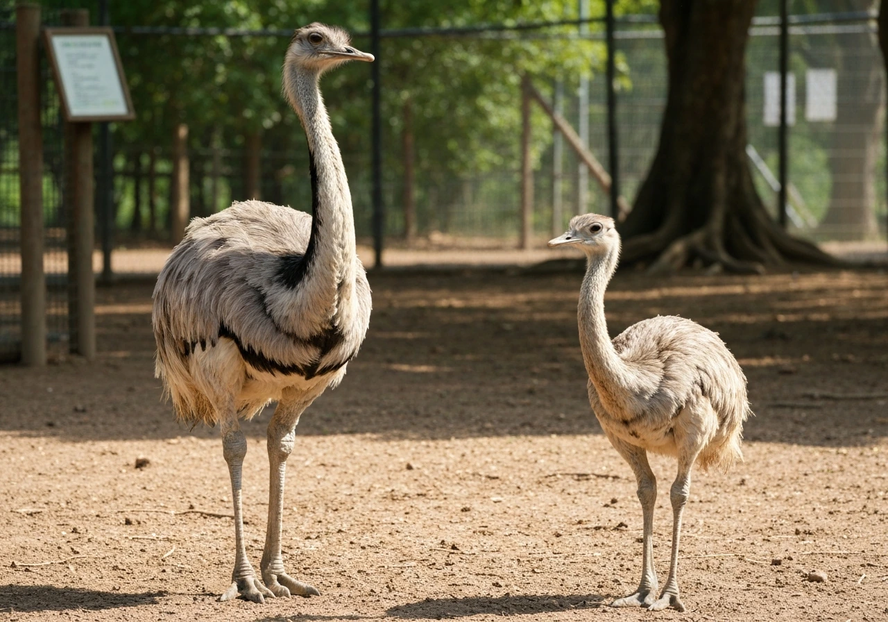Greater rhea and lesser rhea shown side-by-side in an outdoor enclosure, distinct by size and markings.