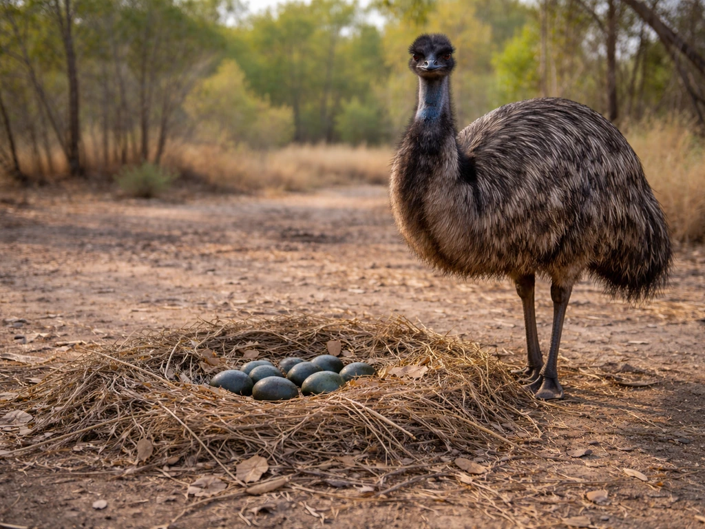 Common emu beside a ground nest with eggs partially visible.