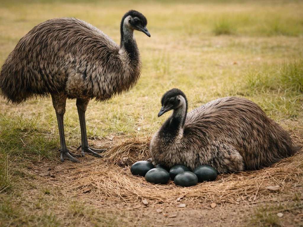 Two emus at a simple ground nest, one brooding over eggs while the other stands nearby.