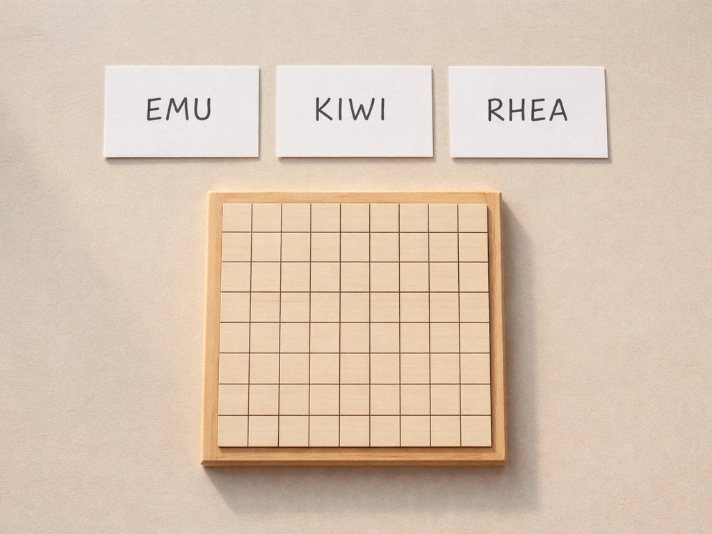 Minimal close-up of a crossword grid theme with three blank cards labeled EMU KIWI RHEA