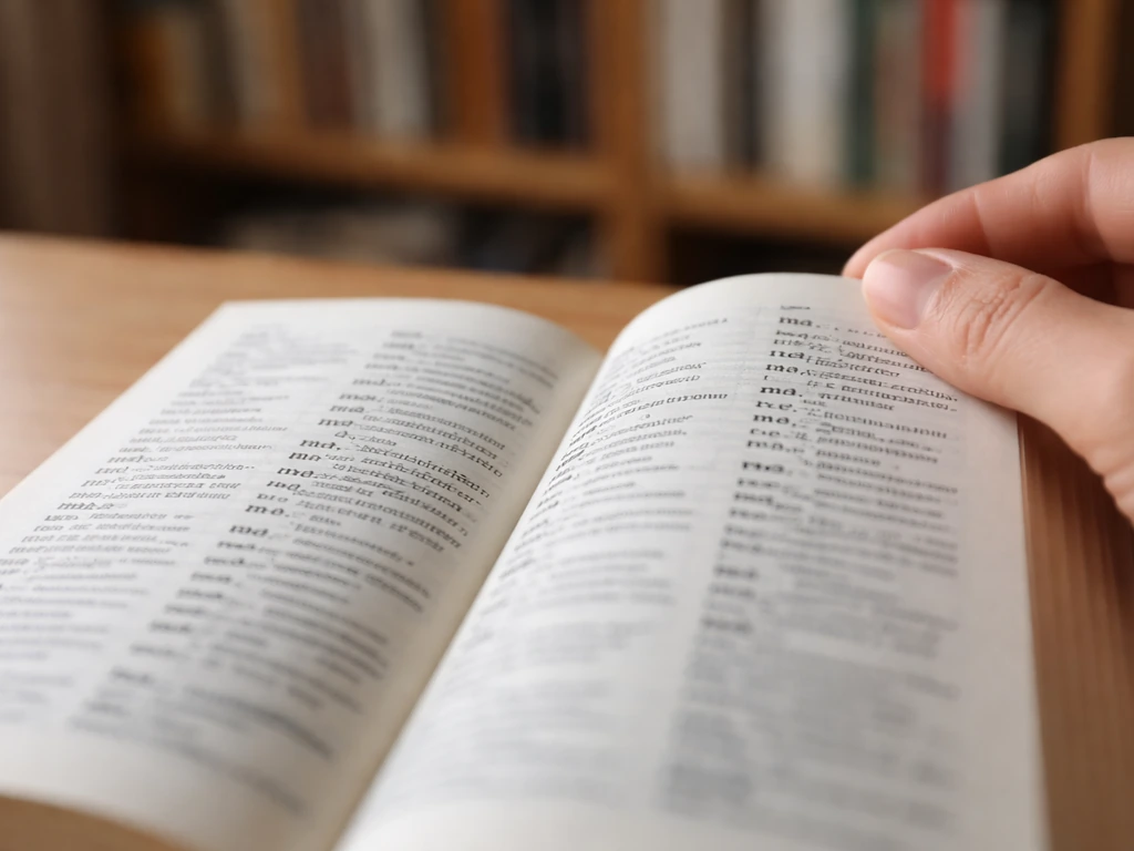 Open foreign-language dictionary on a wooden desk with a hand holding the page, showing gender abbreviations.