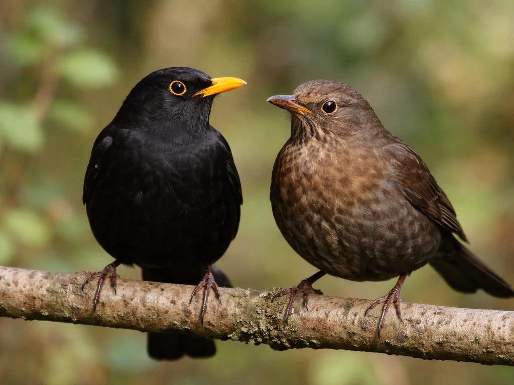 Male and female blackbirds perched side by side, showing contrasting plumage and bill color.